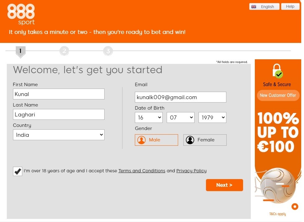 2. 888sport Personal Details