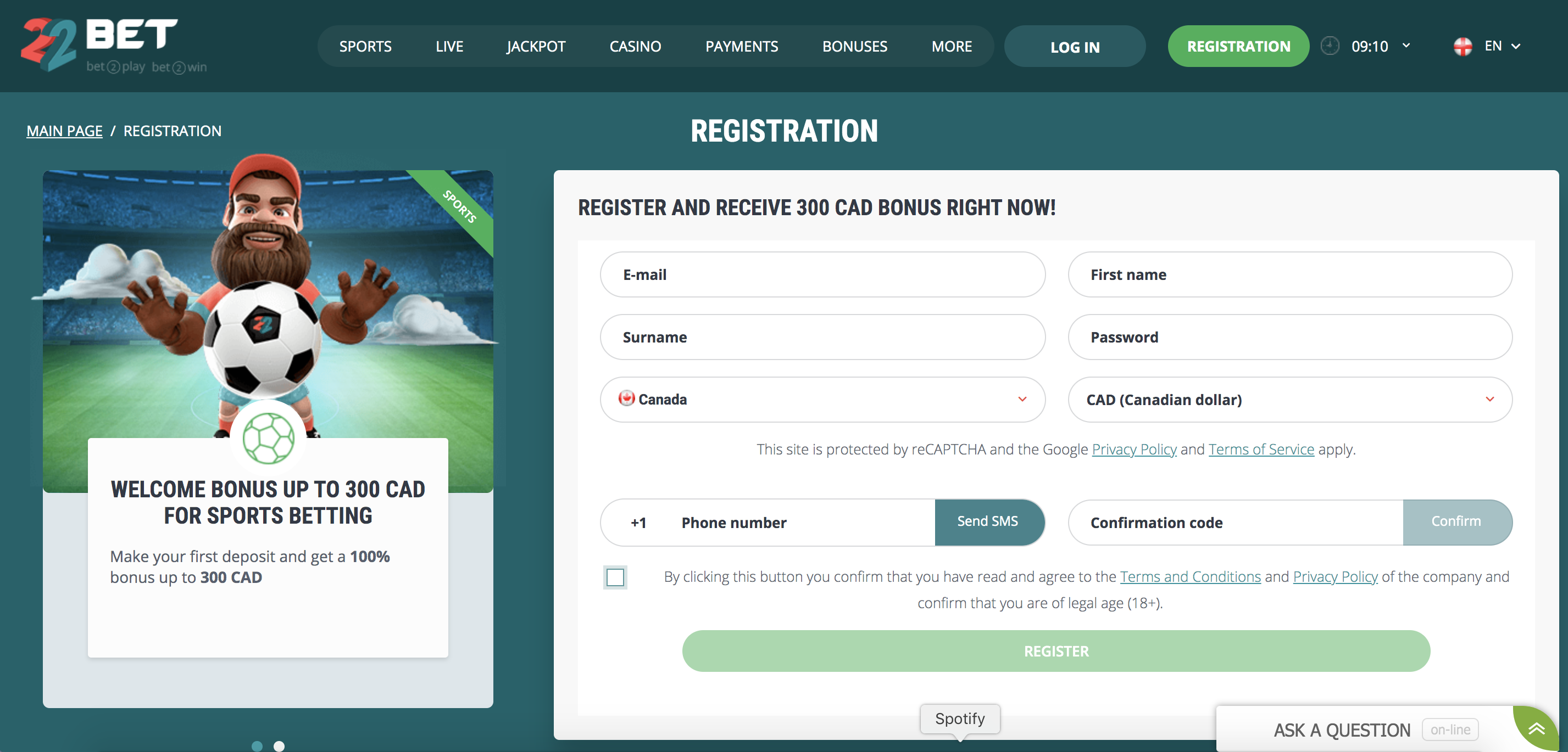 22 Bet Registration Canada