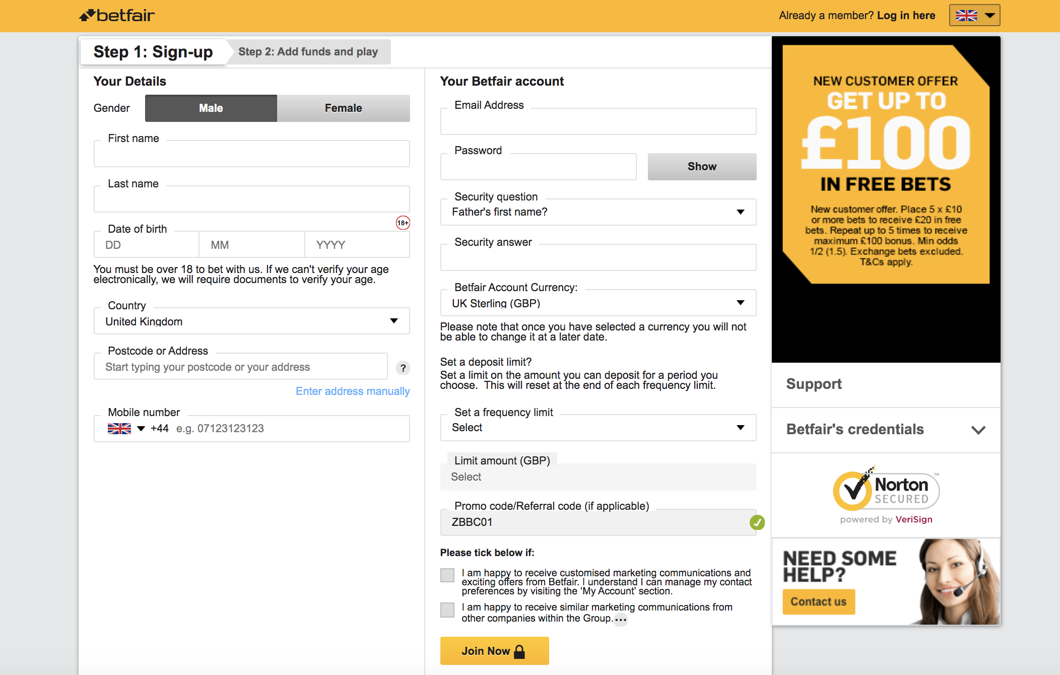 Betfair Registration