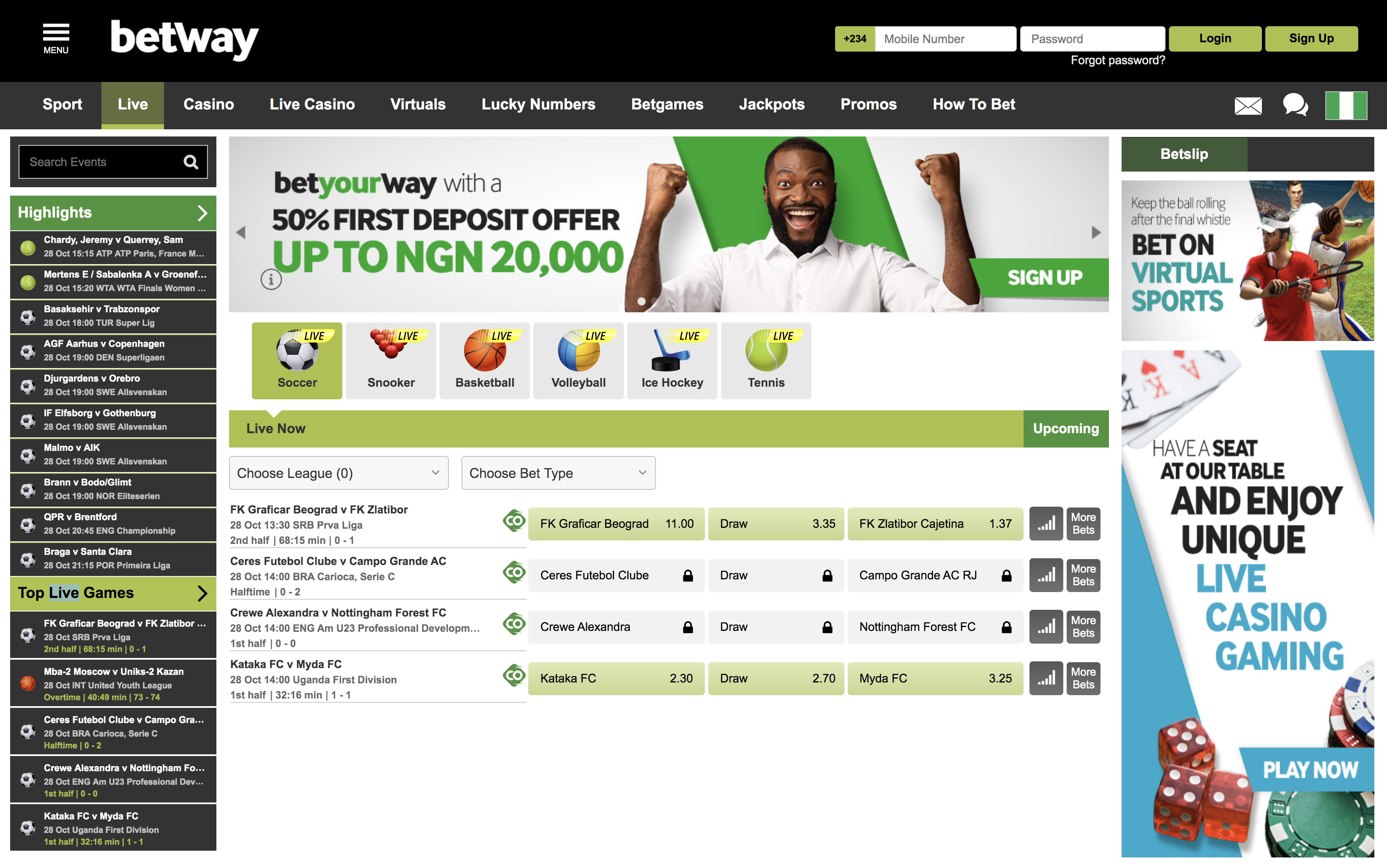 Betway Nigeria Live Betting