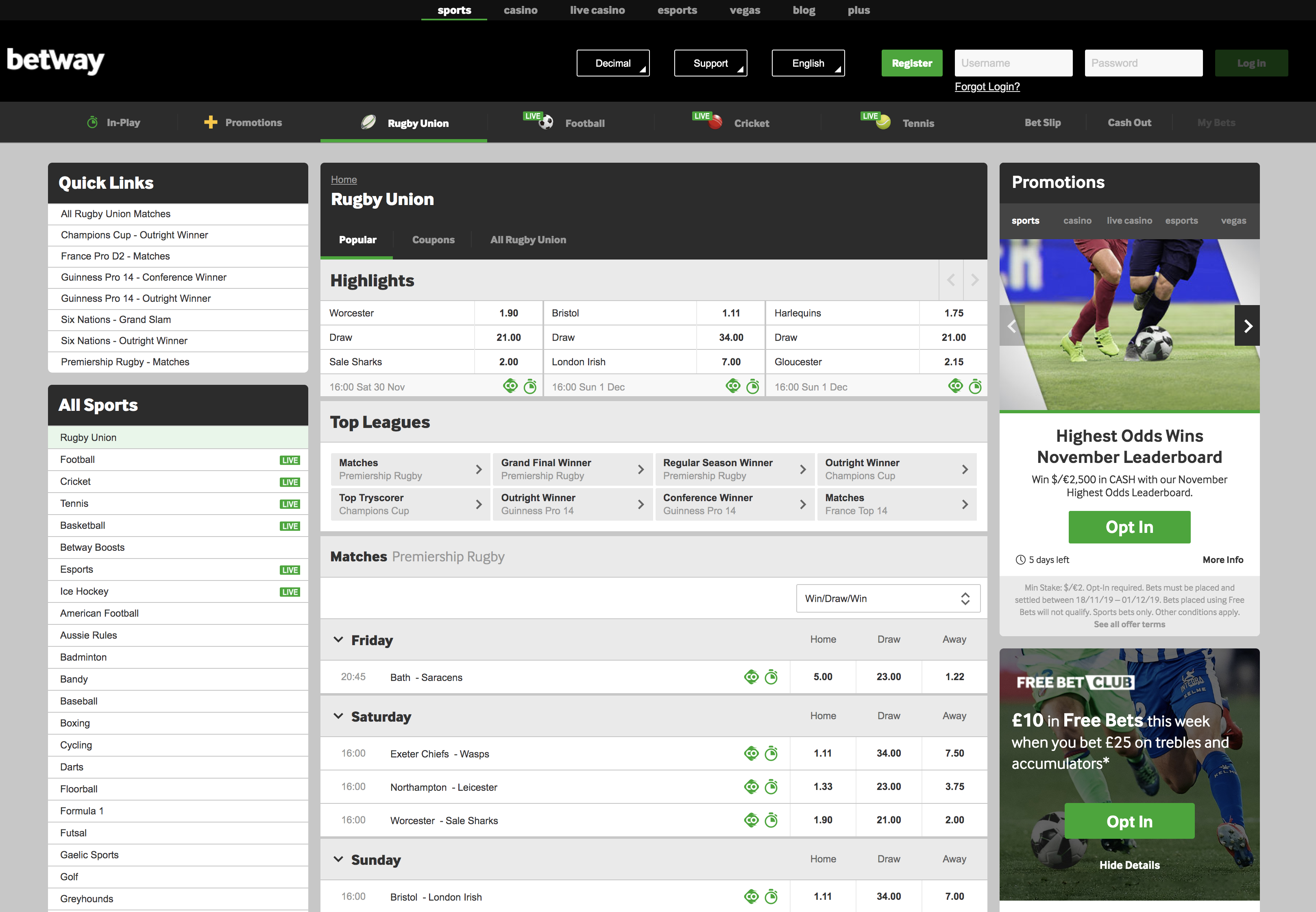 Betway Rugby Betting
