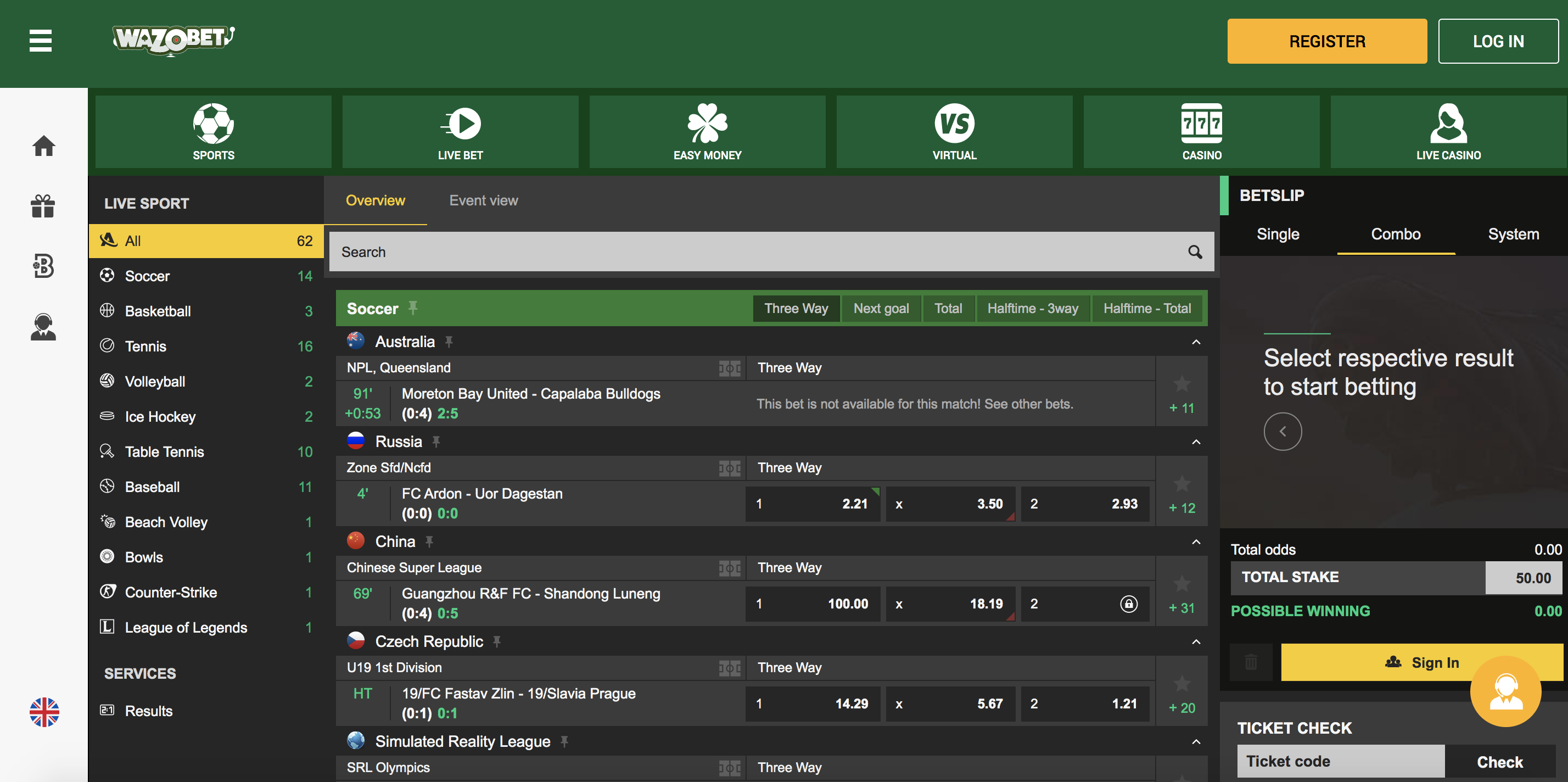 Wazobet Live Betting